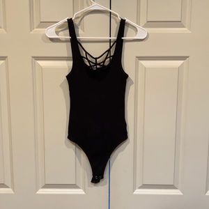 Black strappy ribbed thong body suit